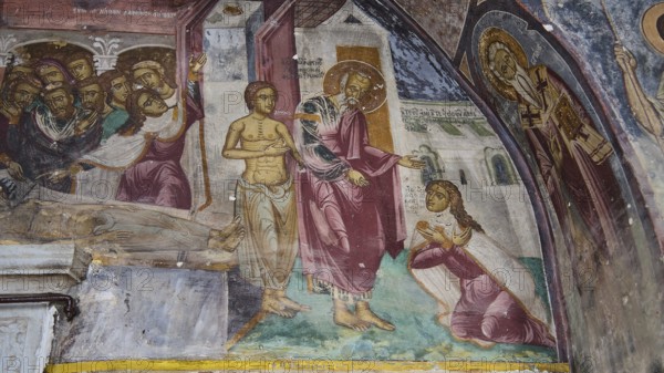 Medieval fresco with holy figures at a religious ceremony, Monastery of St John, People seeking help from St John, Monastery of Agiou Theologou, Monastery of St John the Theologian, World Heritage Site 1999, Patmos, Dodecanese, Greek Islands, Greece