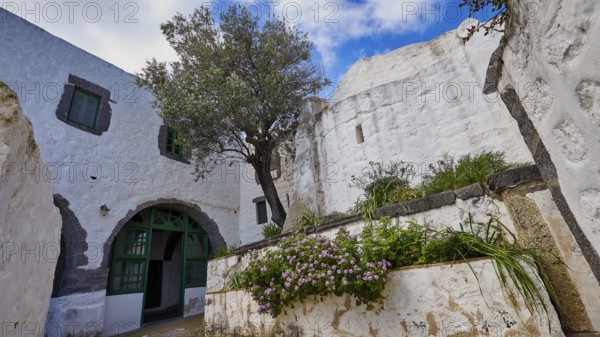 Courtyard with white walls, a tree and flowering plants, Monastery of the Revelation, Moni tis Apokalipsis, World Heritage Site 1999, Patmos, Dodecanese, Greek Islands, Greece