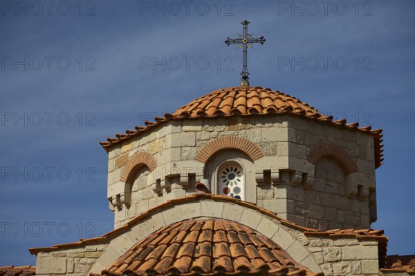 Church dome with cross in front of a clear blue sky, woman's monastery, Evangelismou Monastery, Patmos, Dodecanese, Greek Islands, Greece