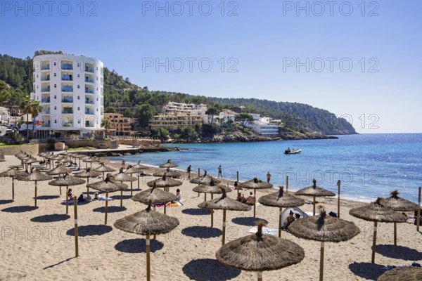 Sand beach with sunshades and sunbathing people at a tourist resort by the mediterranean sea, Sant Elm, Mallorca, Spain