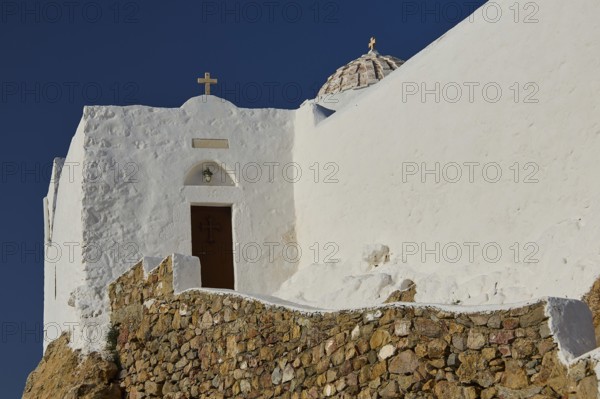 White church with dome and cross on rocky ground under a clear sky, Church of the Prophet Elias, Profitis Ilias Chapel, Hermitage, Patmos, Dodecanese, Greek Islands, Greece