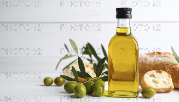 Bottle of fresh olive oil with branch with green olives and ciabatta, closeup, white wooden table, AI generated