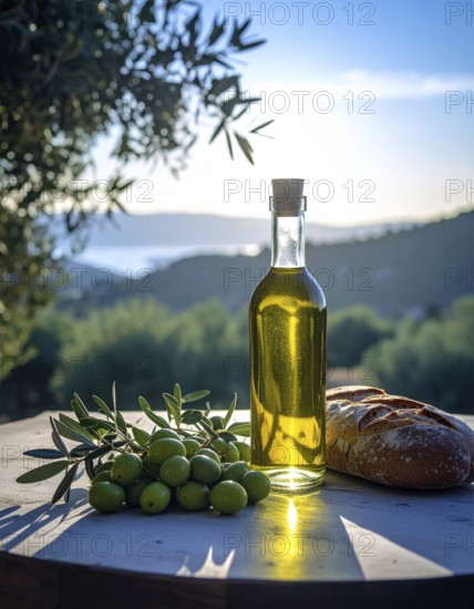 Bottle of fresh olive oil with branch with green olives and ciabatta, closeup, white wooden table, AI generated