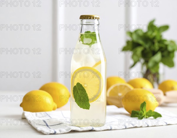 Bottle of fresh cold sparkling water lemonade with ice and lemon slices, mint, summer drink, refreshment cocktail, AI generated