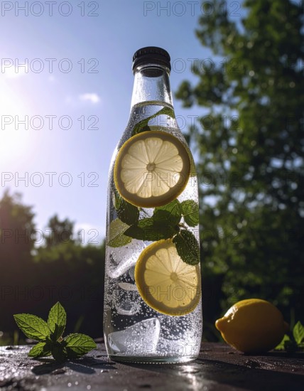 Bottle of fresh cold sparkling water lemonade with ice and lemon slices, mint, summer drink, refreshment cocktail, AI generated
