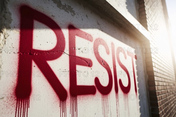 Graffiti with text RESIST in bold red letters on sunlit concrete wall. Generative ai, AI generated