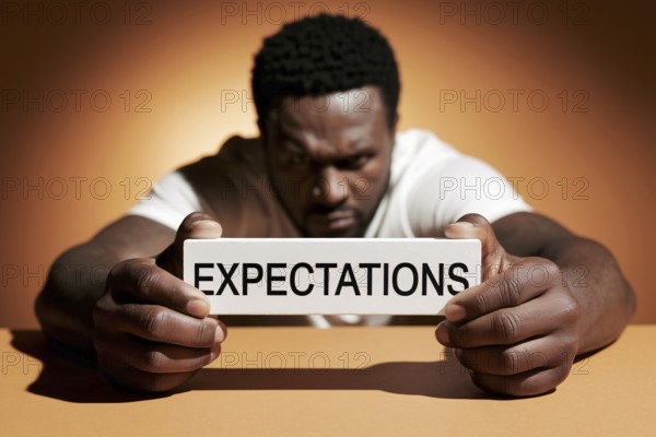 Black man holding block labeled expectations in orange studio, symbolizing social pressure and masculine burden. Generative AI, AI generated