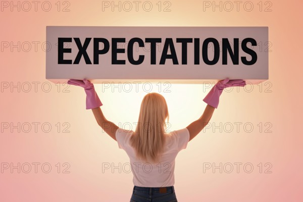 Back view of woman lifting block labeled expectations. symbolizing social pressure and gender stereotypes. Generative AI, AI generated