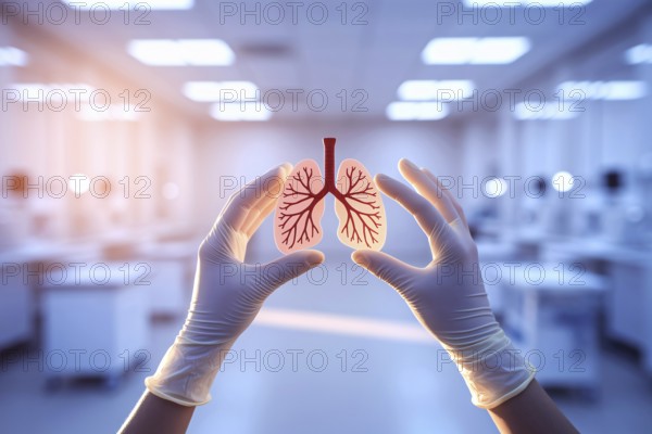 Gloved hands holding lung model in warm-lit hospital setting, symbolizing respiratory health and medical care. Generative Ai, AI generated