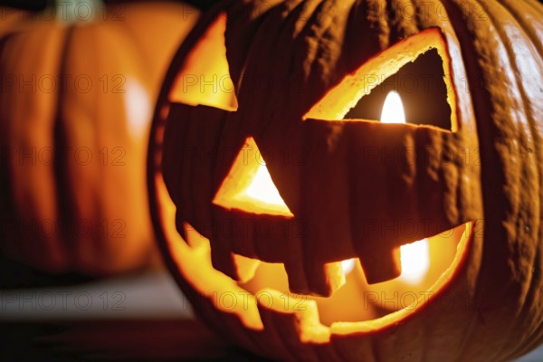 Close-up of glowing carved Halloween pumpkin with spooky face in dark atmosphere. Generative ai, AI generated