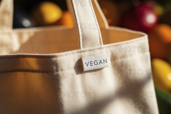 Close-up of reusable cotton grocery bag with vegan label in warm light, with blurred fruits and vegetables in background. generative ai, AI generated