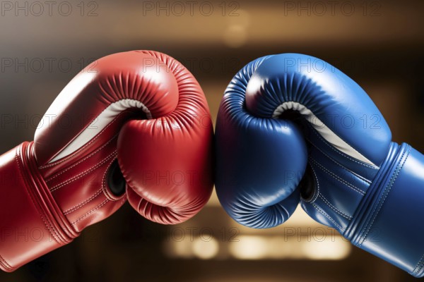 Close up of red and blue boxing gloves facing each other, symbolizing international conflict and geopolitical tension between rival countries such as China and Taiwan. Generative AI, AI generated