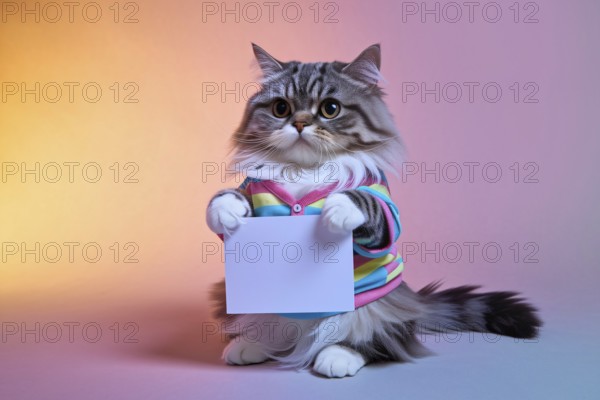 Cute domestic cat wearing a shirt holding a blank white sign in colorful studio background for humorous or meme concept. Generative ai, AI generated