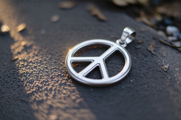 Silver peace symbol pendant lying on rough ground as metaphor for peace in times of war. Generative ai, AI generated