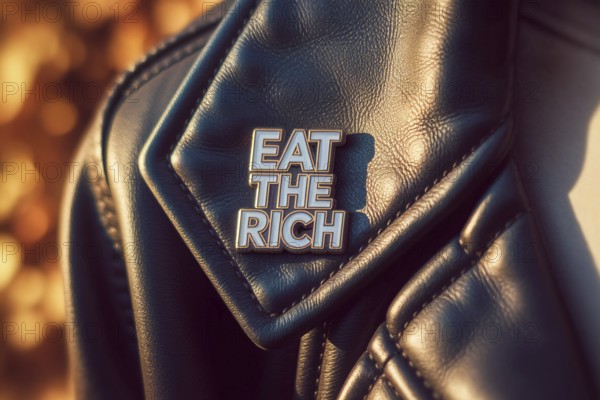 Close up of political protest pin with eat the rich slogan attached to leather jacket symbolizing class struggle and anti-capitalist sentiment. Generative AI, AI generated