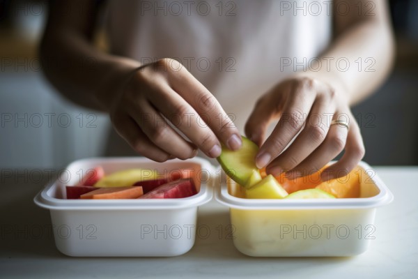 Preparing school lunchboxes: woman's hands packing healthy fruits for children. Generative ai, AI generated