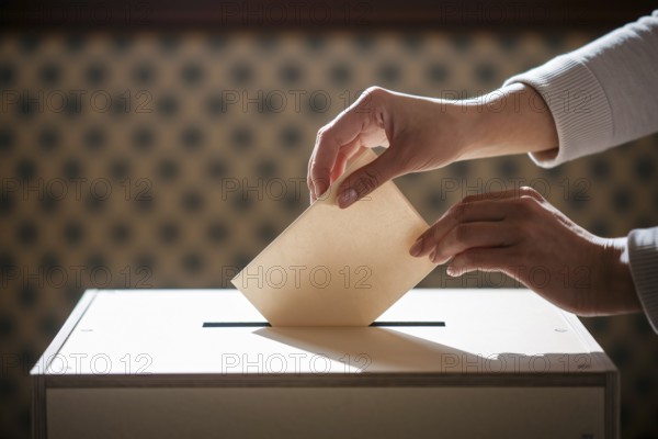 Woman's hands casting vote by placing folded ballot paper into voting box during election. Generative AI, AI generated