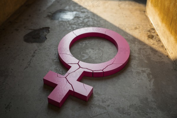Cracked pink female gender symbol on concrete floor representing femicide. Generative Ai, AI generated