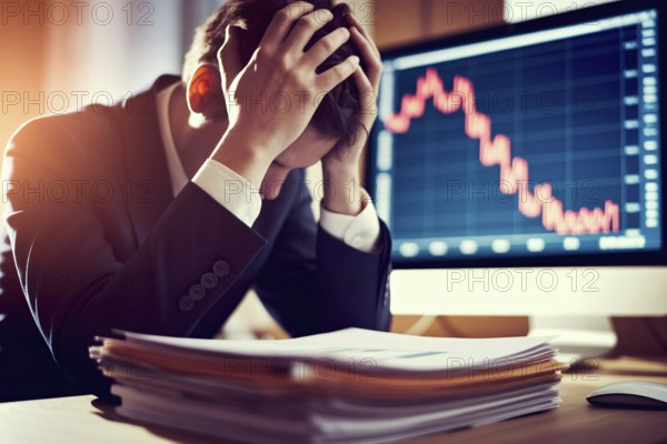 Male investor stressed out by stock market crash. Concept of financial loss, economic downturn, and emotional impact of market volatility. Generative ai, AI generated