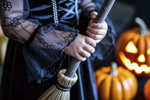 Close-up of witch broom held by young girl in black Halloween costume with pumpkins in background. Generative AI, AI generated