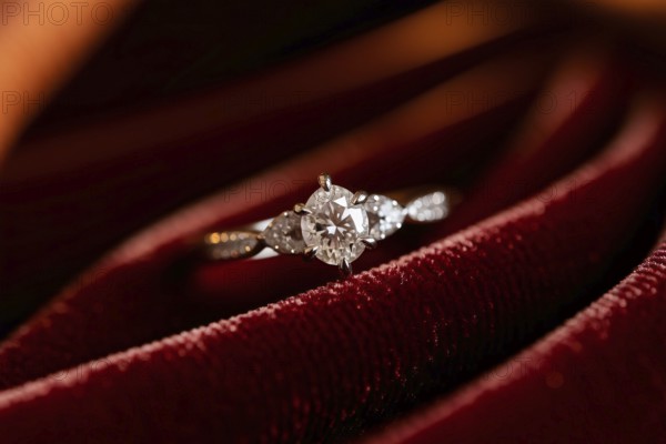 Close-up of diamond ring on red velvet with soft warm lighting and luxurious texture. Generative ai, AI generated