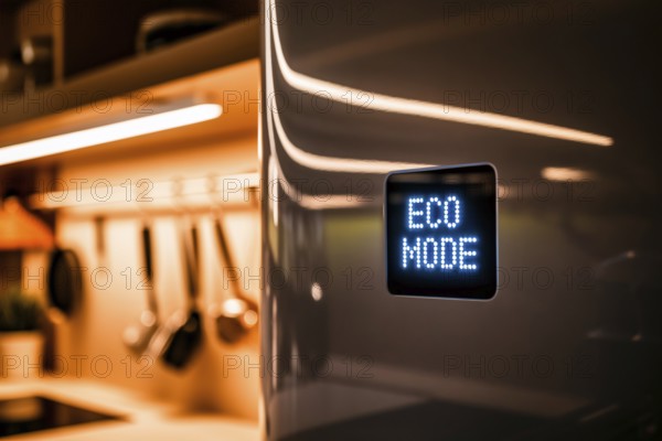 Modern refrigerator door with glowing Eco mode display in warmly lit kitchen interior. Generative AI, AI generated