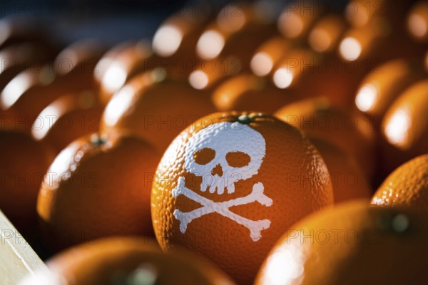 Macro close-up of ripe orange with painted skull symbol in rustic crate, illustrating pesticide contamination and food safety concerns. Generative ai, AI generated