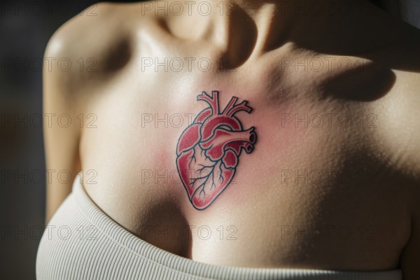 Red heart tattoo on woman's chest with anatomical placement. Generative AI, AI generated