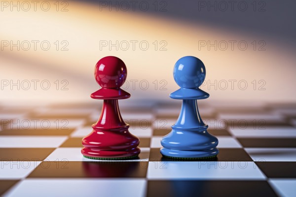 Red and blue chess pawns face off on minimalist board under warm light, symbolizing strategic tension and geopolitical conflict. Generative AI, AI generated