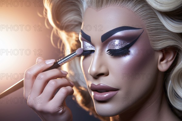 Close-up of drag queen applying glitter eyeshadow under soft studio lighting with pastel background. Generative ai, AI generated