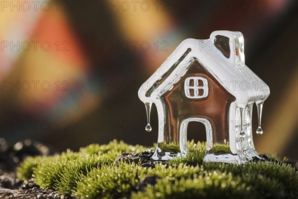 Melting ice sculpture of small house dripping onto moss in warm light, symbolizing climate change and environmental fragility. Generative ai, AI generated