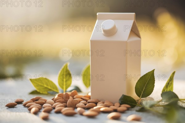 Matte beige almond milk box surrounded by almond shells and green leaves in warm natural garden light. generative, AI generated