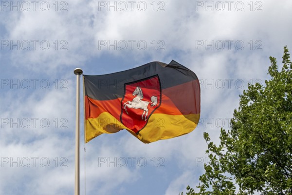 Lower Saxony flag, Klecken, Rosengarten, Lower Saxony, Germany