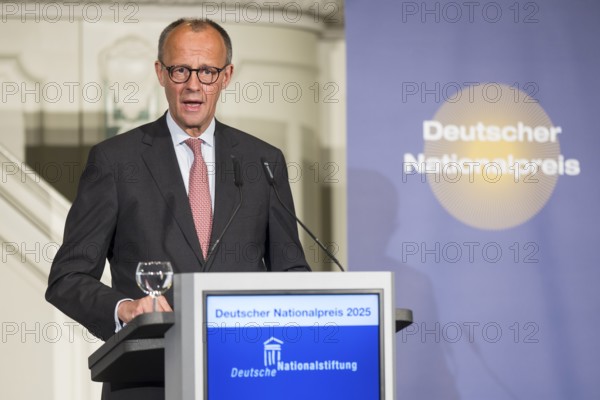 Friedrich Merz (Chancellor of the Federal Republic of Germany) speaks at the presentation of the German National Prize 2025 in the Französische Friedrichstadtkirche, Berlin, on 10 June 2025