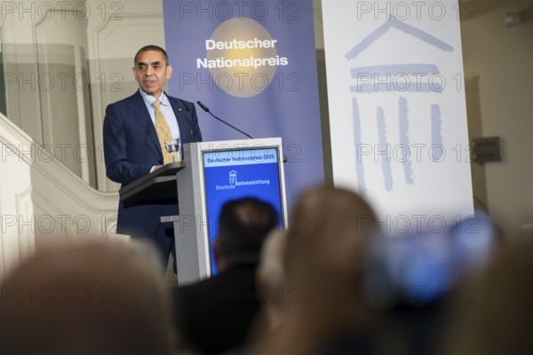 Ugur Sahin (founder of Biontech SE) gives an acceptance speech after receiving the German National Prize 2025 at the Französische Friedrichstadtkirche, Berlin, on 10 June 2025