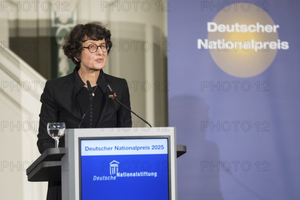 Özlem Türeci (founder of Biontech SE) gives an acceptance speech after receiving the German National Prize 2025 at the Französische Friedrichstadtkirche, Berlin, on 10 June 2025