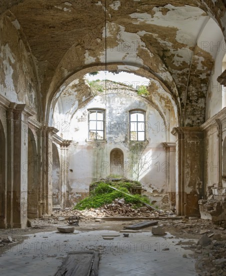 Interior of abandoned San Nicola church, Ghost town of Craco, Basilicata, Italy