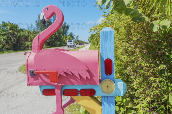 Pink Flamingo wooden mailbox, Sanibel Island, Florida, USA