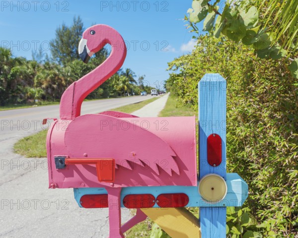 Pink Flamingo wooden mailbox, Fort Myers, Florida, USA
