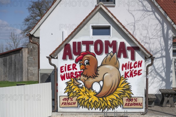 Chicken in a nest, wall painting, advertisement for a food vending machine, Bavaria, Germany