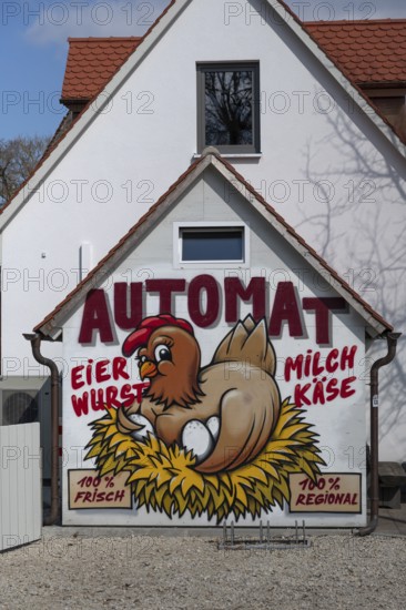 Chicken in a nest, wall painting, advertisement for a food vending machine, Bavaria, Germany