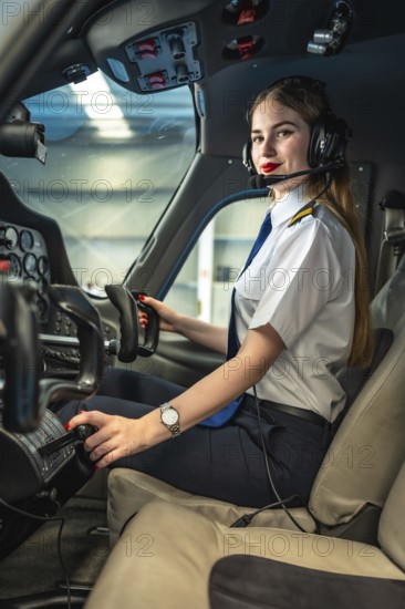 Confident female pilot sitting in the cockpit of a small airplane, adjusting controls and getting ready for flight