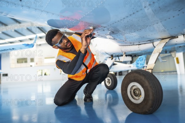 African american aviation technician wearing safety glasses and vest inspecting aircraft wing in hangar