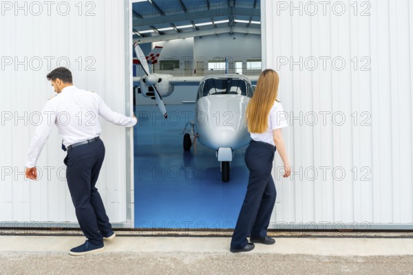 Two pilots are opening the hangar door, revealing a small airplane parked inside on a bright blue floor