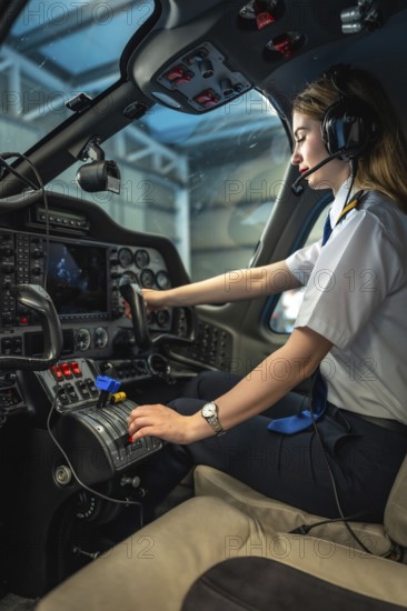 Confident female pilot skillfully operating controls of a modern aircraft within the cockpit, demonstrating expertise and professionalism in aviation