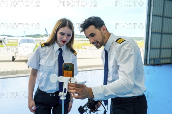 Two pilots are using a smartphone and anemometer to check weather conditions inside an aircraft hangar