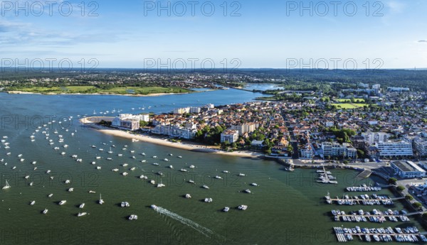 Panorama of Marina and Beach in Arcachon from a drone, Arcachon, Gironde, France