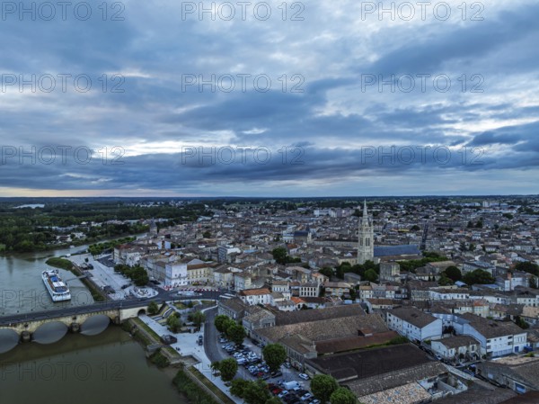 Twilight over Libourne from a drone, Gironde, Nouvelle-Aquitaine, Saint-Émilion and Pomerol, Southwestern France