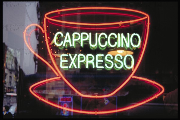 Illuminated advertising at a café, Cappuccino Expresso, New York City, USA
