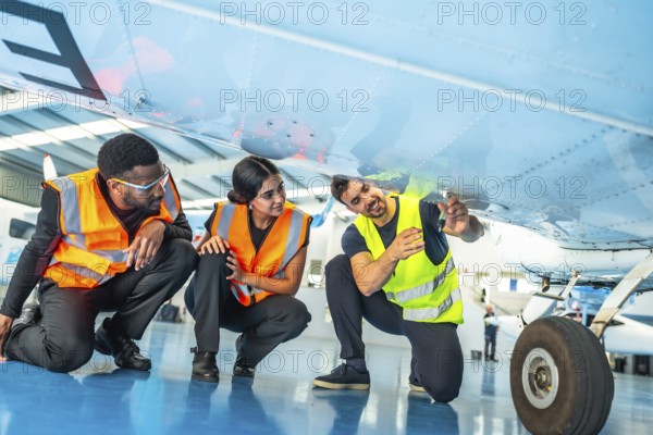 Maintenance team examining underside of aircraft during pre flight check, ensuring safety and airworthiness